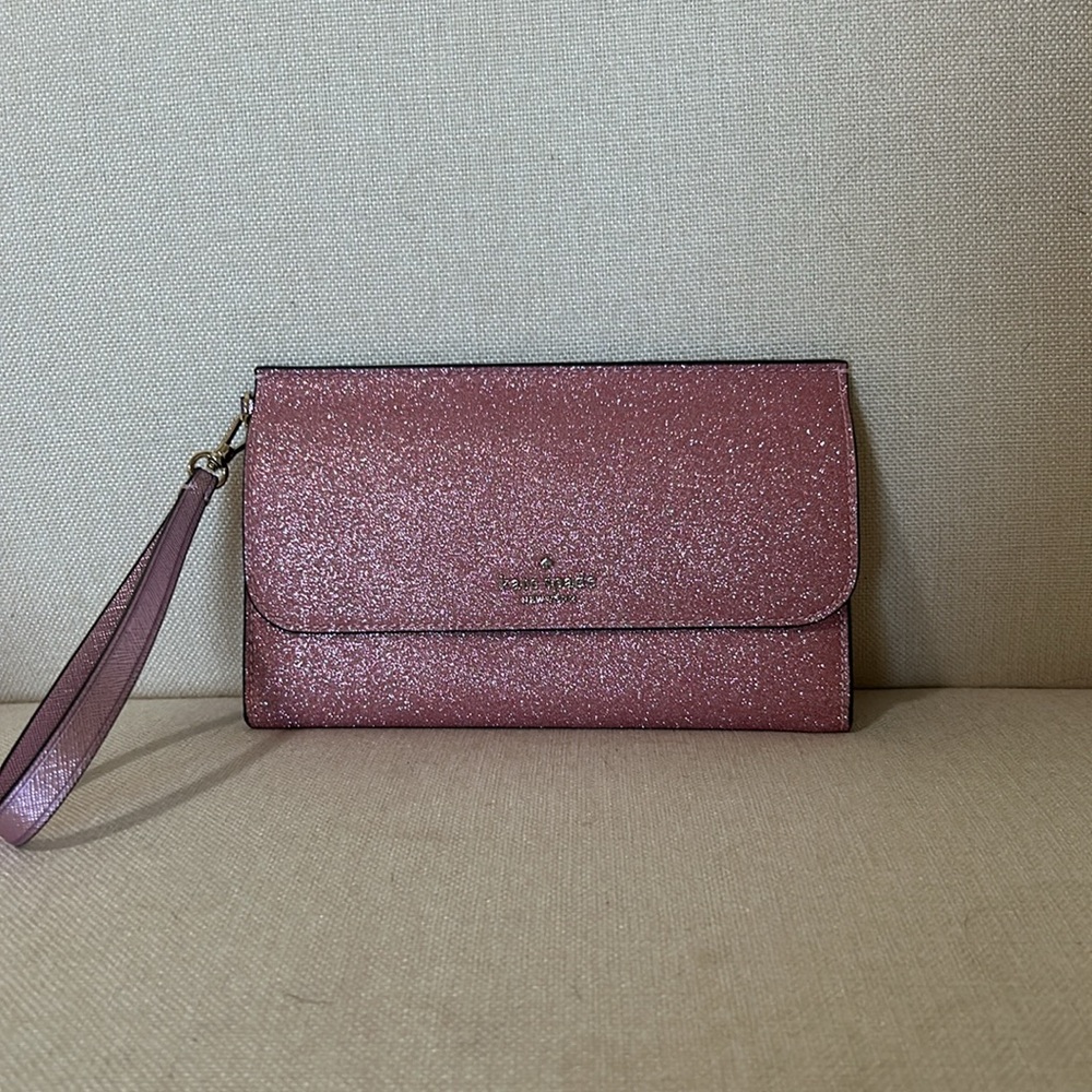 🥳26. NWT KATE SPADE • Medium Flap Phone Wristlet • Rose Pink Glitter